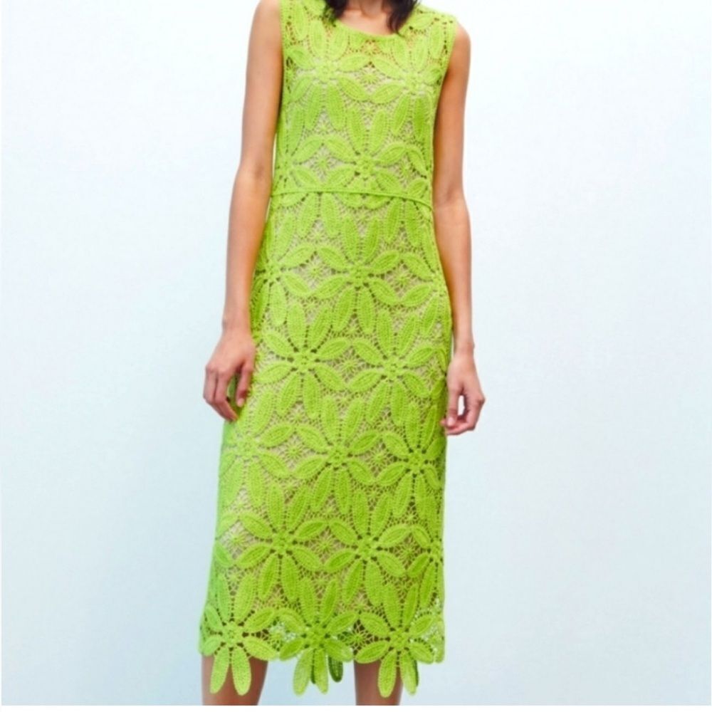 ZARA NWT lime green knit macrame crochet knee midi lined summer dress SIZE M
